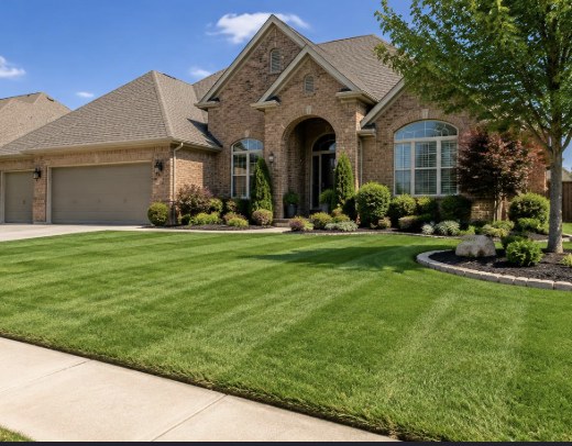 Front lawn mowed in stripes and edged along the sidewalk